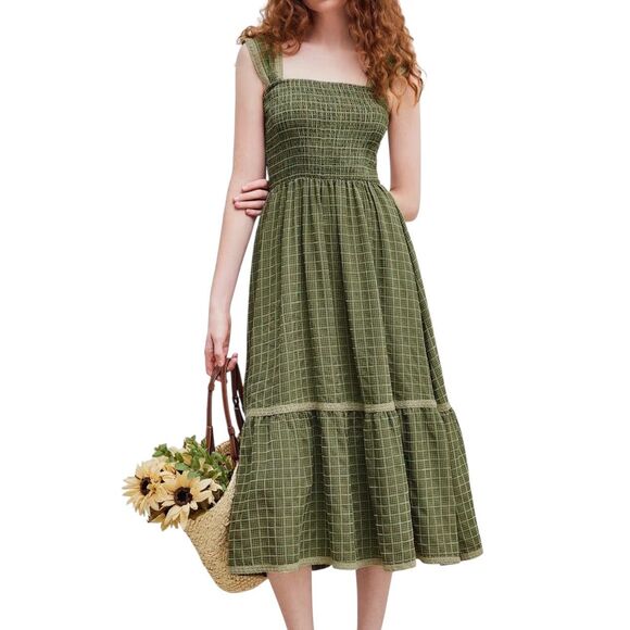 Cider Dresses & Skirts - Cider Smocked Midi Dress Fit Flare Tiered Lace Square Neck Plaid Green S